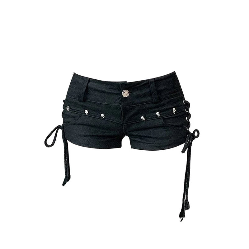 Women's Black Gothic Denim Shorts Vintage Aesthetic Korean Low Waist Jean Shorts Harajuku Y2k Cowboy Short Pants Clothes Summer - Smarsty