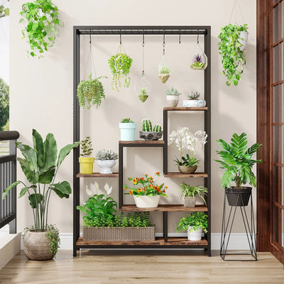 Tribesigns 5 Tiers Tall Indoor Plant Stand 70.9 inches Large Metal Plant Shelf with 10 PC S Hanging Hooks for Garden - Smarsty