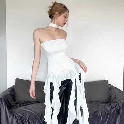 Sexy Off Shoulder Crop Tops Spring Summer Halter Sleeveless Streetwear Y2K White Solid Tank Top Casual Evening Party Club Tees - Smarsty