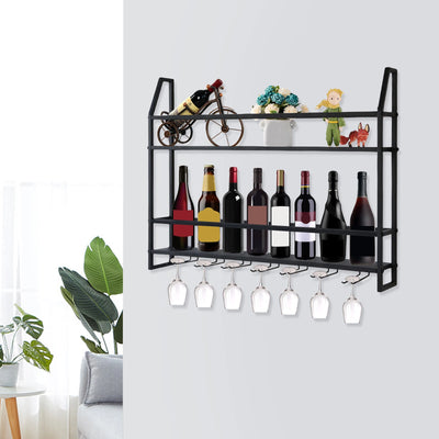 Wall Mounted Wine Rack Glass Holder 12 Bottles 7 Goblet Metal Shelf 2 Layer for Home Bar, 80cm Black - Smarsty
