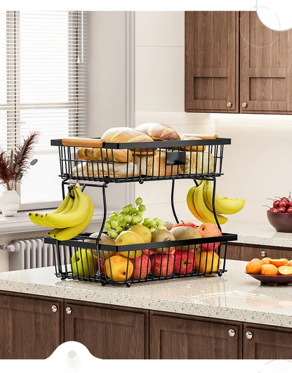 fruit basket vegetable basket,Metal storage basket with hook and wooden handle,Stackable and removable kitchen storage rack