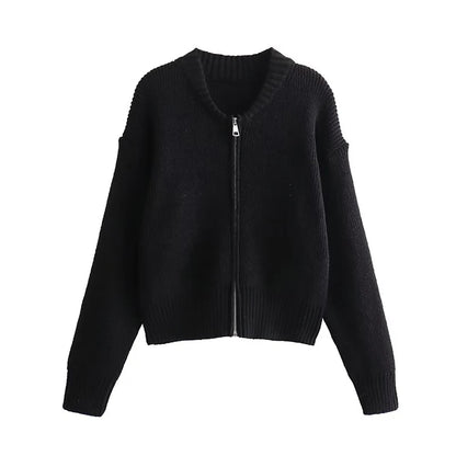 Vintage Knit Women Cardigan Casual Full Sleeve Zipper O Neck Pleated Solid Lady Sweater 2025 Autumn Fashion Female Knitwear - Smarsty