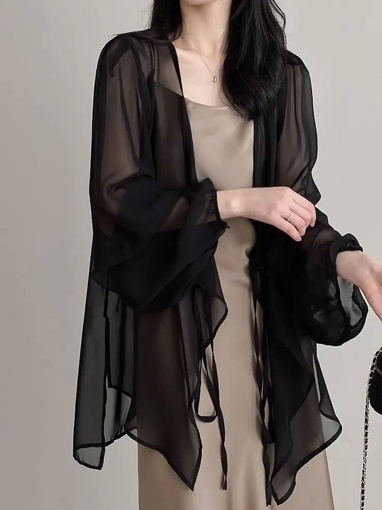 Shirts Women V-neck Loose Long Sleeve Open Stitch Korean Style Lace-up Simple Solid Summer Chiffon Breathable Minimalist Stylish - Smarsty