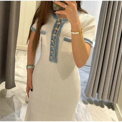 Elegant Contrasting Women Knit Maxi Dress Chic O-neck Short Sleeve Metal Buttons Bodycon Dresses Office Lady Commuting Robe - Smarsty