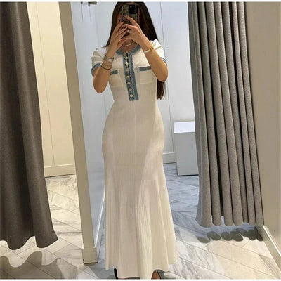 Elegant Contrasting Women Knit Maxi Dress Chic O-neck Short Sleeve Metal Buttons Bodycon Dresses Office Lady Commuting Robe - Smarsty