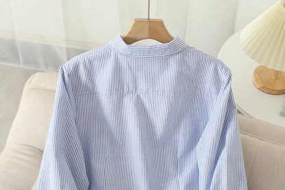 Casual Cotton Women's Oxford Shirt 2024 Autumn New Good Quality Woman Blouse and Tops Lady White Blue Striped Shirts Clothes - Smarsty
