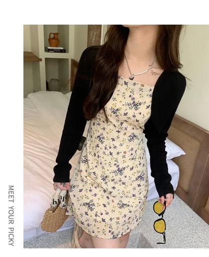 Short Ice Silk Knitted Sun Protection Cardigan Women's Thin Summer Suspender Skirt Layered Gauze Jacket Air-conditioned Cover Up