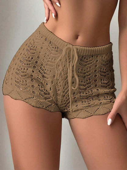 Polyester100.00% Hollow Drawstring Open Waist Knitted Bikini Blocked Women's Shorts - Smarsty