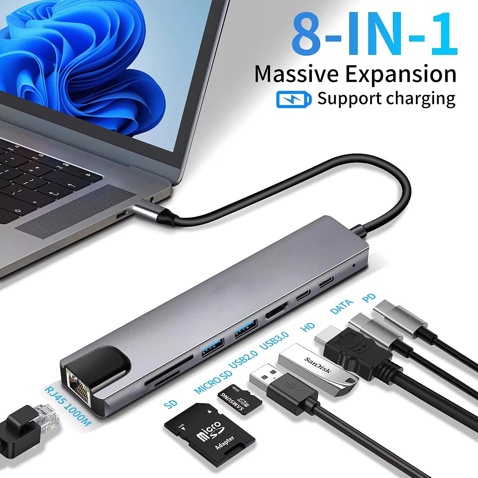 USB C Hub 4K HDMI Adapter FastCharge With RJ45 CardReader