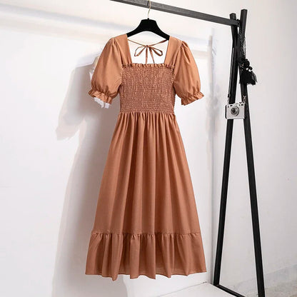 Spring Summer Chiffon Dresses Fashion Female Elastic Waist Short Sleeve Pleated Casual Dress Women A-line Dresses Vestidos - Smarsty