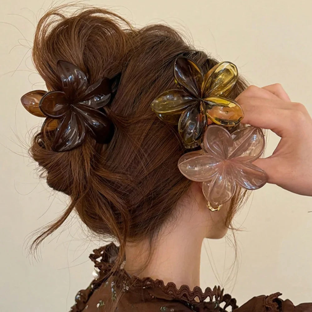 Large Flower Hair Clip Lightweight Mermaid Style Brown Beige - Smarsty