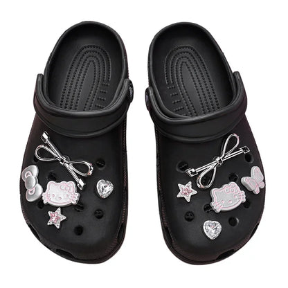 MINISO Hello Kitty Shoe Charms Set Silver Katie KT Cat Girls Women Sandals Accessories Hole Shoes Slippers & Clogs Decoration