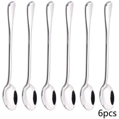 6PCS Long-handled spoon, thickened stainless steel coffee spoon, pointed stirring spoon, round-tipped spoon, ice spoon
