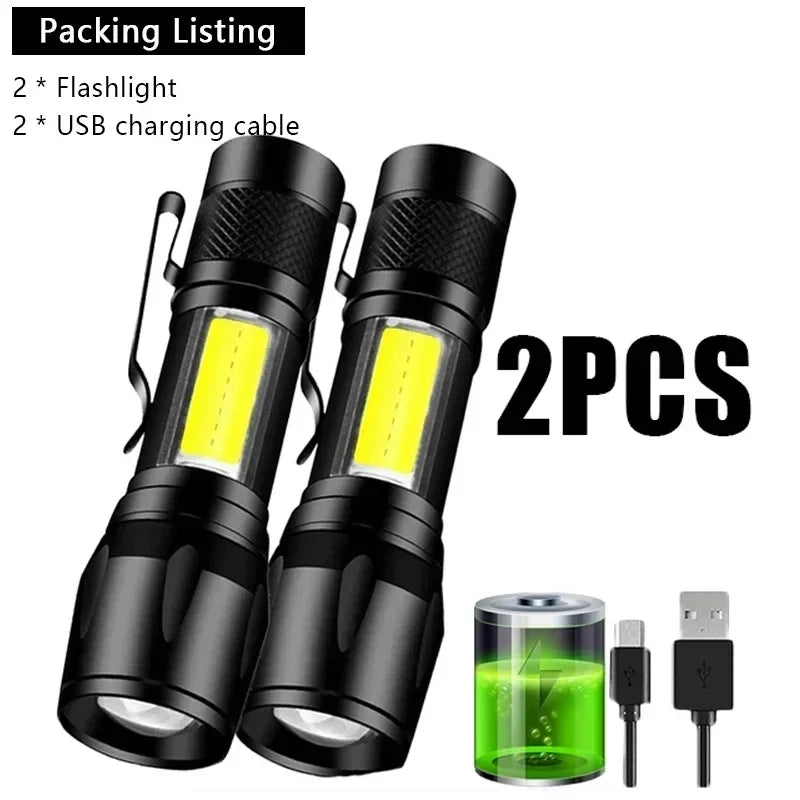 Portable Rechargeable LED Flashlight with Pen Clip Zoomable Waterproof Torch with Side Light Outdoor Camping Emergency Lantern - Smarsty