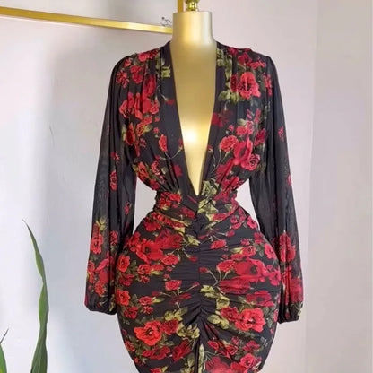 CM.YAYA Women Full Sleeve Floral Print V-neck Elegant Long Dress Ruched Holiday Birthday Evening Sexy Party Dresses Vestidos