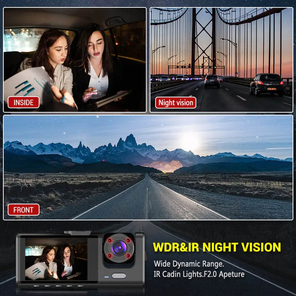 Dash Cam W/ IR Night Vision Loop Recording & 2" IPS Screen 1080P 3 Camera ， DVR recorder, video recorder, Vehicle DVR - Smarsty