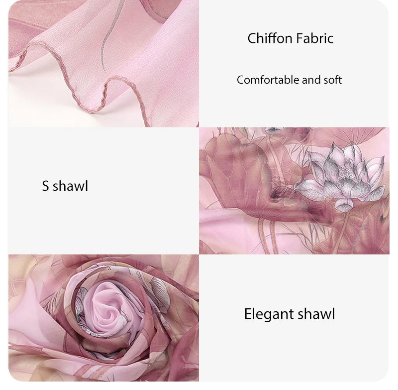 Lightweight Silk Lotus Print Scarf for Women Sun Protection - Smarsty