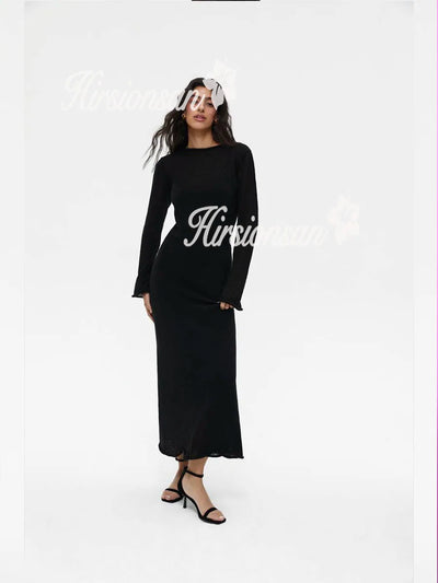Hirsionsan Spring Autumn O-Neck Elastic Knit Long Dresses Women 2024 Elegant Chic Soft Lady Hollowing Sweater Dresses Femme New - Smarsty