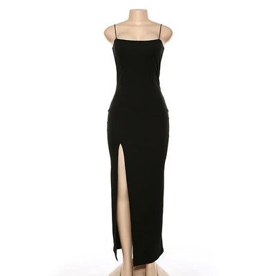 Women Summer Sexy Bodycon Dress Lady Sexy Spaghetti Strap Sleeve Split Solid Color Sheath Dress Vestidos - Smarsty