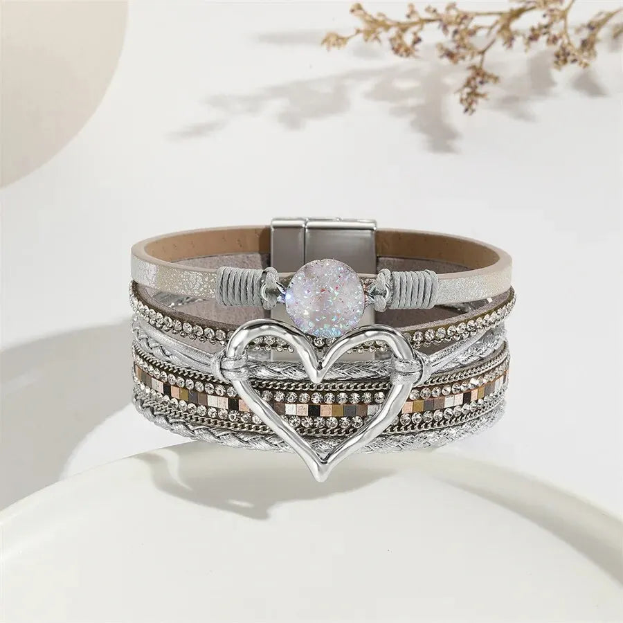 Women Leather Heart Charm Bracelet Rhinestone Wrap - Smarsty