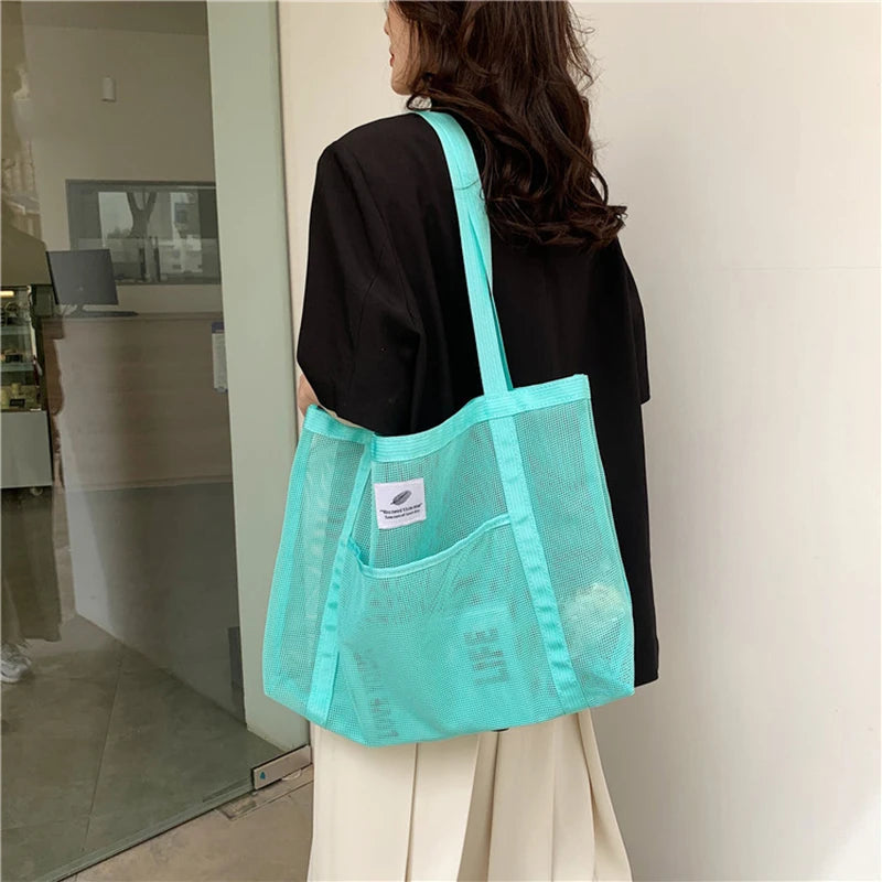 Transparent Mesh Shoulder Bag for Travel and Beach - Smarsty