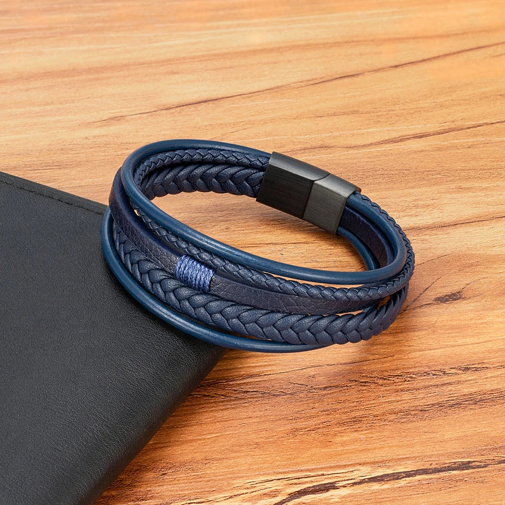 Mens Leather Bracelet Magnetic Buckle Multilayer Bangles - Smarsty