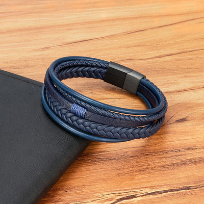 Mens Leather Bracelet Magnetic Buckle Multilayer Bangles - Smarsty