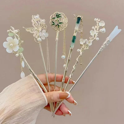 1/6pcs Elegant Chinese Style Tassel Hair Stick Traditional Floral Design Hairstyle Accessory Women Jewelry Hairpin Hairneedle - Smarsty