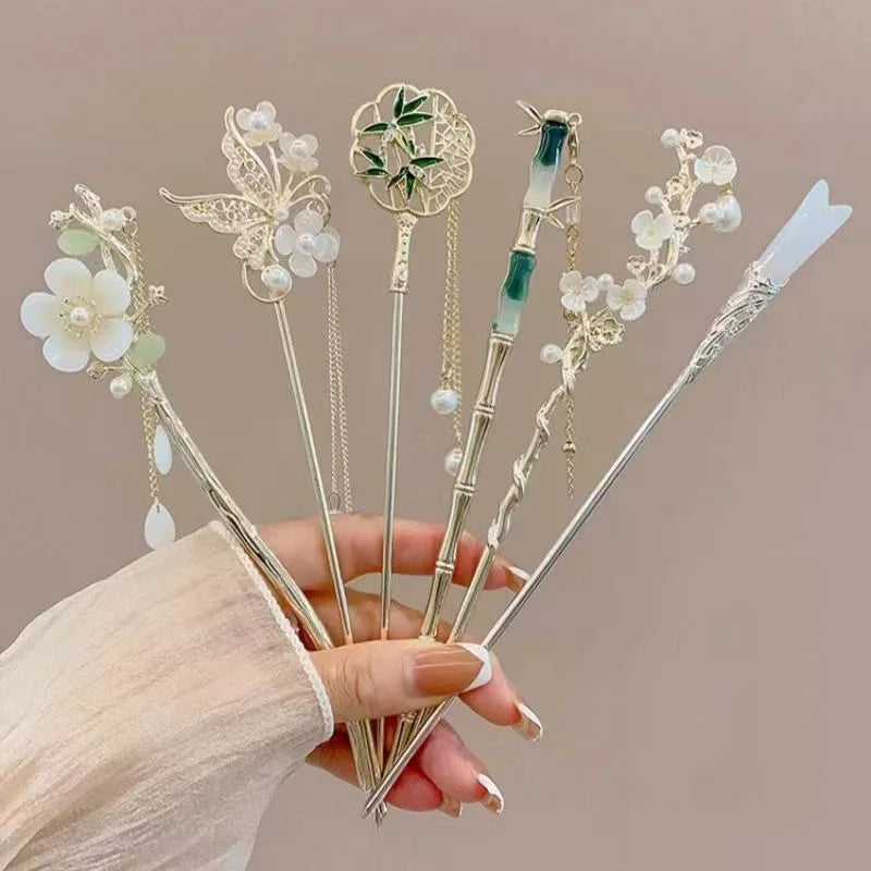 1/6pcs Elegant Chinese Style Tassel Hair Stick Traditional Floral Design Hairstyle Accessory Women Jewelry Hairpin Hairneedle