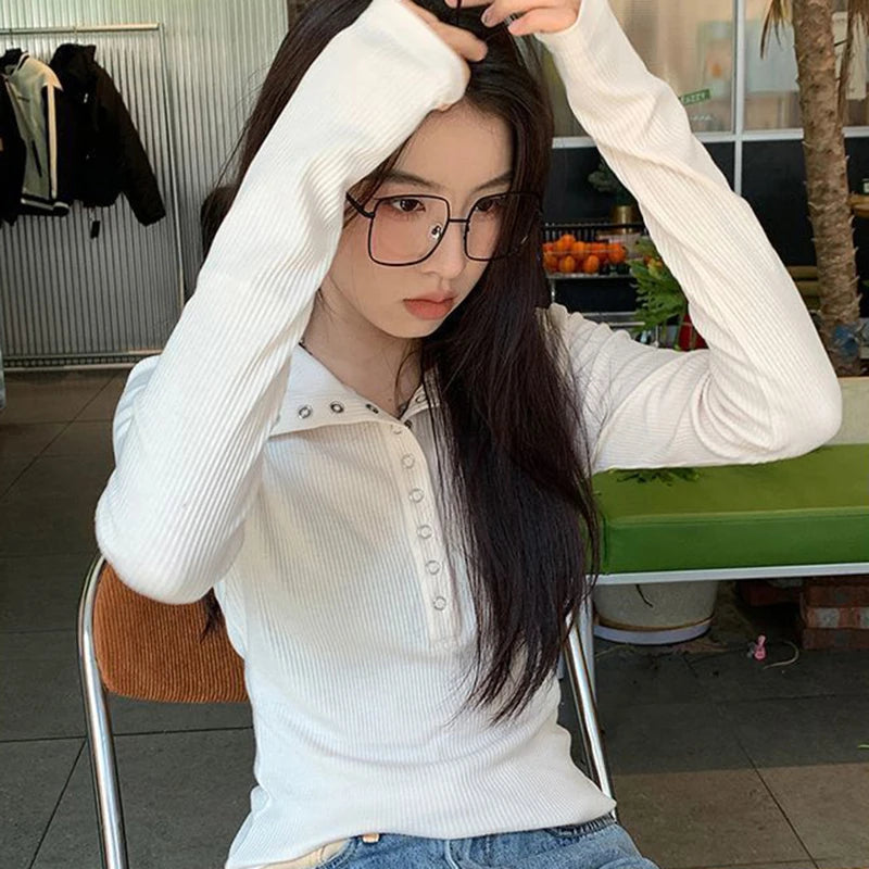 Fall Winter Long Sleeve Knit Pullovers Woman Y2K High Street Button Up Sweaters for Women Vintage Gray Ribbed Bottoming Tops - Smarsty