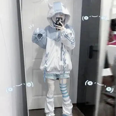 Girls Stitch Woman Clothing Subculture Japanese Hoodie Blue White Autumn Woman Sweatshirts Zipper Winter y2k Clothes Hoodies - Smarsty