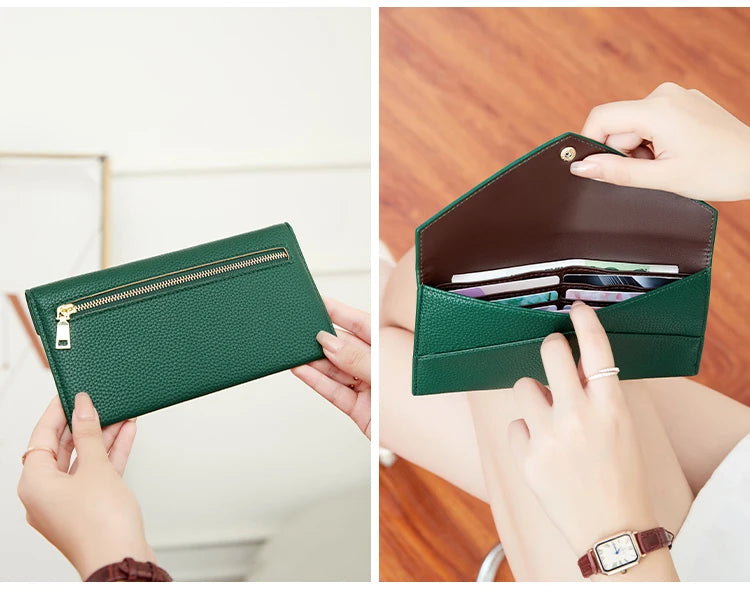 RFID Anti-Theft Purse for Women, Lychee Print, Soft Leather, Envelope Long Wallet, Ultra-thin, Portable, Simple Hand Bag