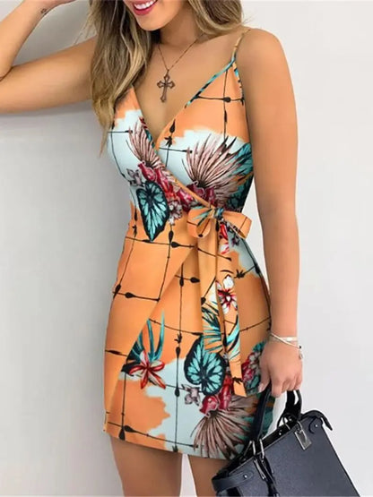 Women's Sexy V-Neck Spaghetti Strap Bodycon Dress, Slim Fit Party Dress with Waist Belt, Summer Cocktail Dress - Smarsty