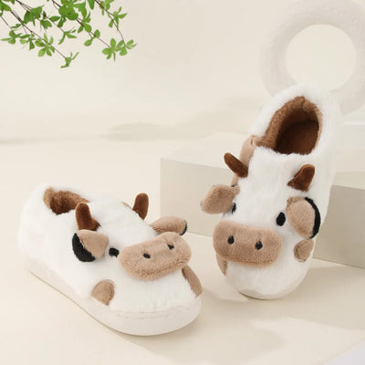 Winter Home Slippers for Couples Warm Plush Neutral Cartoon Cow Indoor Anti Slip Comfortable Cotton Slippers for Men and Women - Smarsty