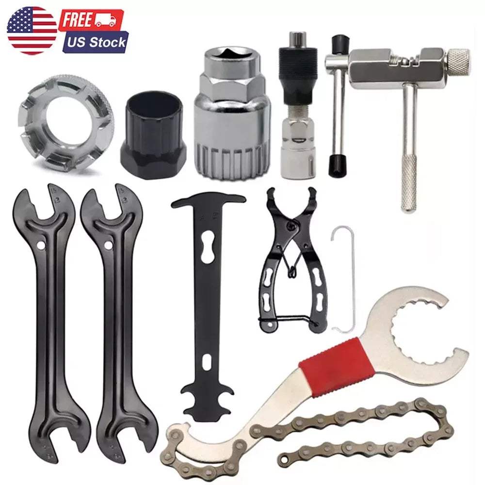 9PCS Bike Repair Tool Kit Crank Chain Cutter Extractor Freewheel Puller Crank Puller Spoke Wrench Complete Bike Maintenance Kits