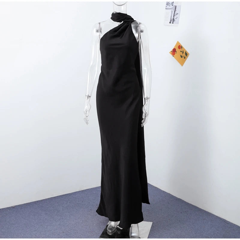 Elegant Women's Ribbon Long Satin Party Dress Halter Backless Sleeveless Female Dresses 2025 Summer Lady Solid Evening Gowns