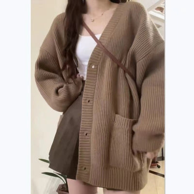 Autumn Winter Women Cardigan Sweater Coats Fashion Female Long Sleeve V-neck Loose Knitted Jackets Casual Sweater Cardigans - Smarsty
