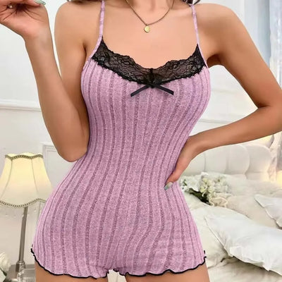 Women's Suspenders Lace Trim And Bow Design Pajamas Sleeveless V-Neck Pajamas Set Sleepwear Suit Sexy Solid Home Clothes Summer - Smarsty