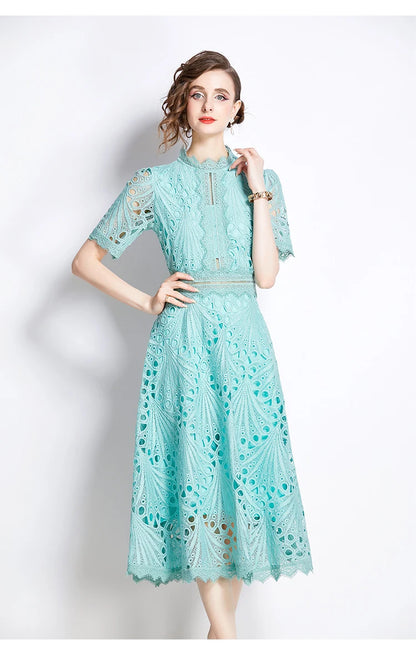H Han Queen Spring New Elegant Casual Work Party Dresses Floral Crochet Hollow Out Lace Patchwork Casual Office Midi Dress - Smarsty