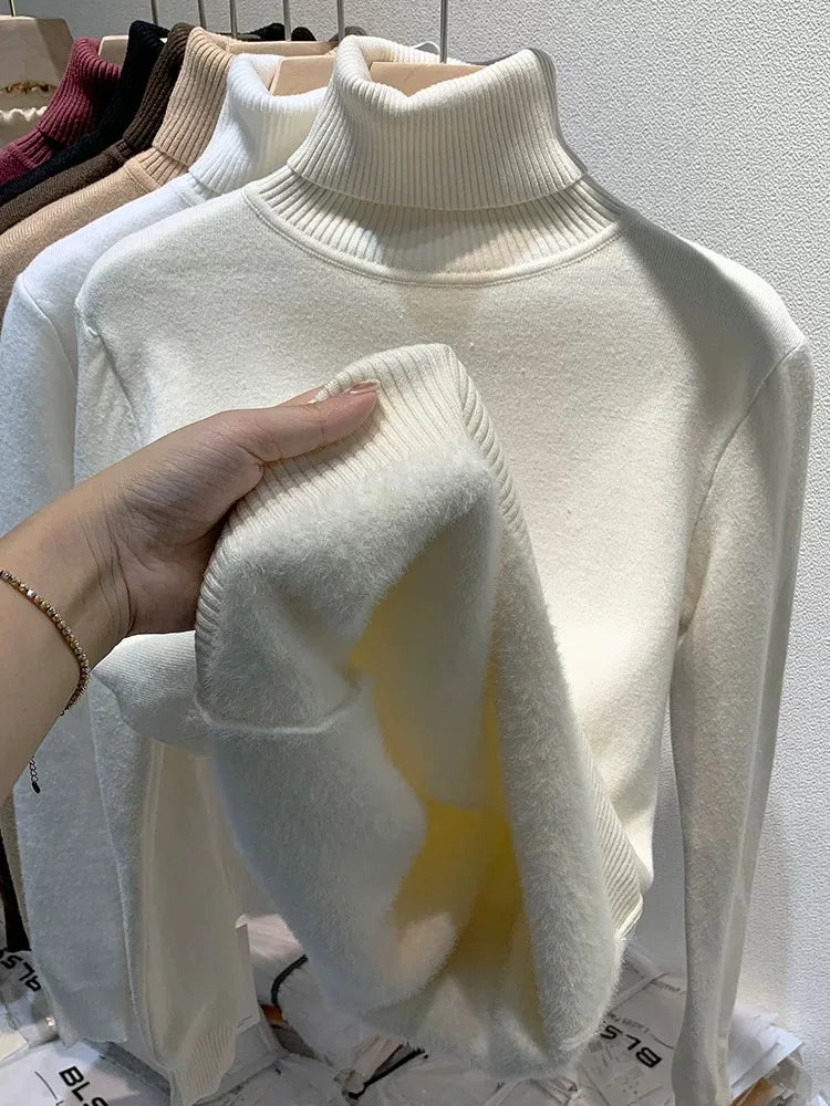 Turtleneck Winter Sweater Women Elegant Thicken Velvet Lined Warm Sueter Knitted Pullover Slim Tops Jersey Knitwear Jumper New - Smarsty