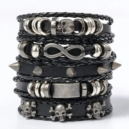 5pcs Punk Style Braided Leather Bracelet Set - Smarsty