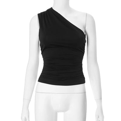 Solid Color One Shoulder Backless Shrink Tank Top T-Shirt Candy Color Tight Sexy Sleeveless Neckless Slim Casaul Top - Smarsty