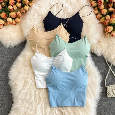 1pc Women Sexy Solid Color Camisole Ice Silk Tube Seamless Sports Tank Top Wireless Underwear Padded Bra Bralette Vest - Smarsty