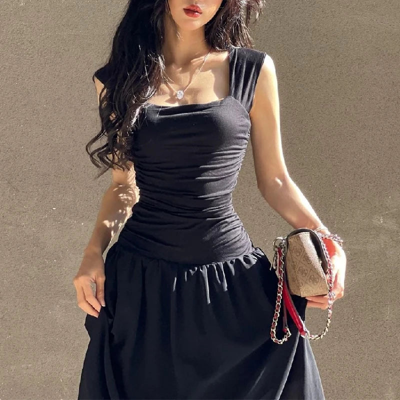 WhereMery Elegant Slip Long Dresses Sexy Women Ruched Bodycon Solid Maxi Dress Spring Y2K Summer Temperament High-waist Vestidos - Smarsty