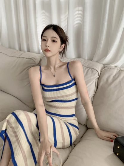 Elegant Camisole Dress for Women's Summer New Sleeveless Slim fit Knitted Striped Mid Length Dresses