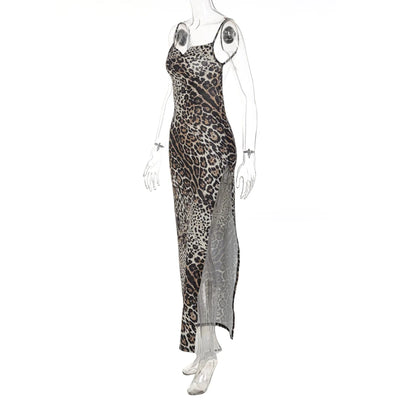 Hugcitar Leopard Print Swing Collar Sleeveless Sexy Maxi Slit Prom Dress Summer Women Fashion Y2K Clothes Party Beach Vacation - Smarsty