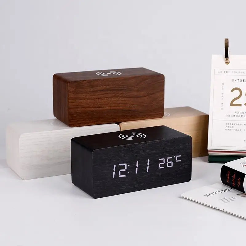 Wooden Digital Alarm Clock with Wireless Charging Feature - Smarsty