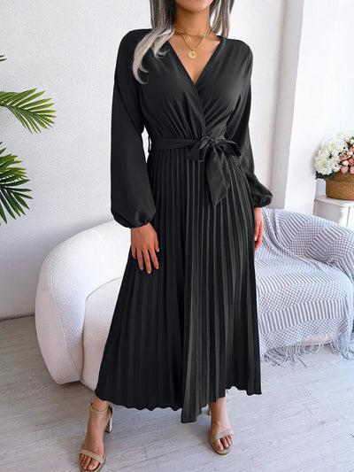 Women Elegant V Neck Long Sleeve Pleated Maxi Dress - Smarsty