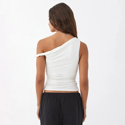 Simple Basic Casual Summer Tank Top Sleeveless Solid Color Off Shoulder Side Ruched Crop Tops Vestidos Spring Women T S - Smarsty