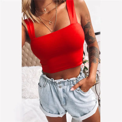 Square Neck Sleeveless Summer Crop Top White Women Black Casual Basic T Shirt Off Shoulder Cami Sexy Backless Tank Top - Smarsty